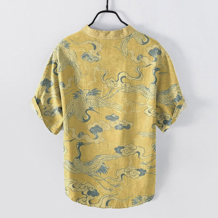 Buddha Stones Camicia da uomo a maniche corte con mezza abbottonatura, in cotone, con motivo gru e nuvole. - image 4