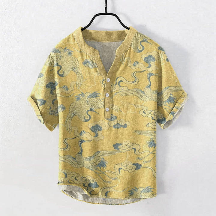 Buddha Stones Camicia da uomo a maniche corte con mezza abbottonatura, in cotone, con motivo gru e nuvole. - Cachi - US/UK/AU50, EU60 (5XL) - image 3