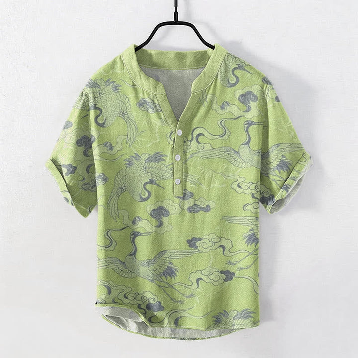 Buddha Stones Camicia da uomo a maniche corte con mezza abbottonatura, in cotone, con motivo gru e nuvole. - Verde chiaro - US/UK/AU50, EU60 (5XL) - image 6