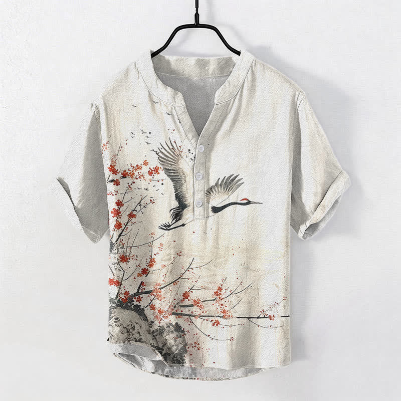 Buddha Stones Camicia da uomo a maniche corte con mezza abbottonatura, in cotone, con motivo a fiori di pruno e gru. - Biancheria - US/UK/AU50, EU60 (5XL) - image 0