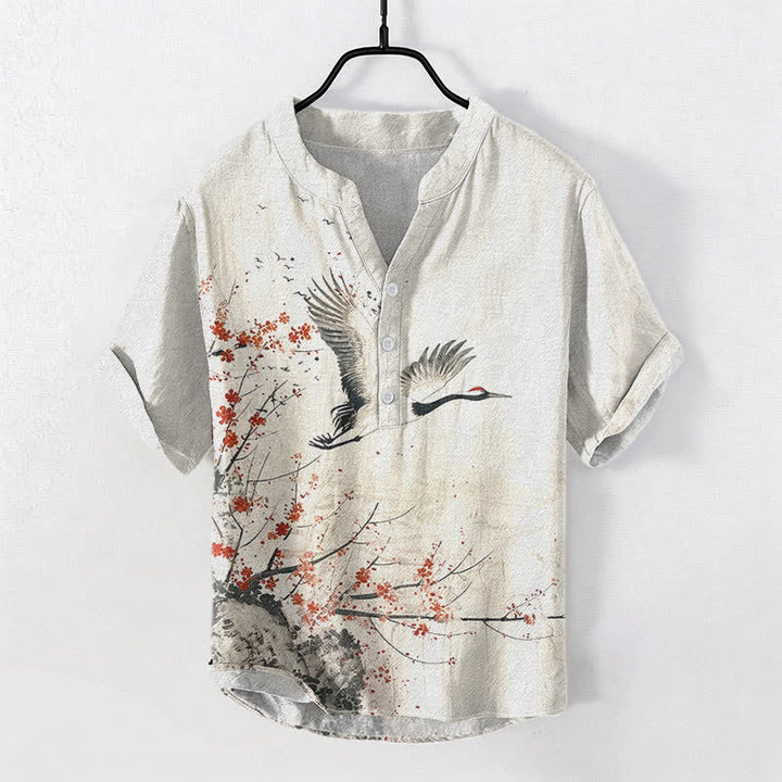 Buddha Stones Camicia da uomo a maniche corte con mezza abbottonatura, in cotone, con motivo a fiori di pruno e gru. - Biancheria - US/UK/AU50, EU60 (5XL) - image 0