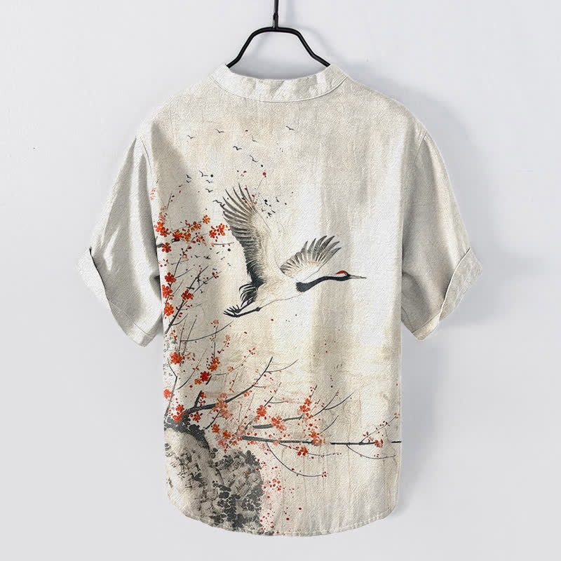 Buddha Stones Camicia da uomo a maniche corte con mezza abbottonatura, in cotone, con motivo a fiori di pruno e gru. - image 1