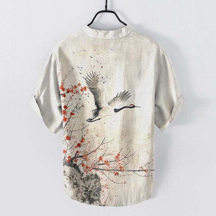 Buddha Stones Camicia da uomo a maniche corte con mezza abbottonatura, in cotone, con motivo a fiori di pruno e gru. - image 1