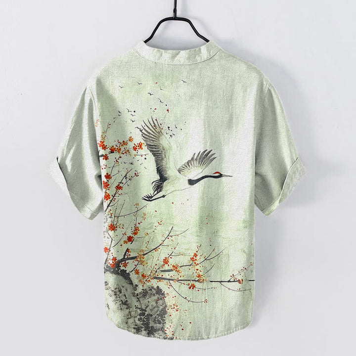 Buddha Stones Camicia da uomo a maniche corte con mezza abbottonatura, in cotone, con motivo a fiori di pruno e gru. - image 4