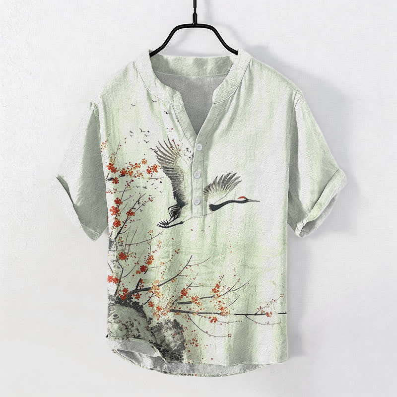 Buddha Stones Camicia da uomo a maniche corte con mezza abbottonatura, in cotone, con motivo a fiori di pruno e gru. - Crema alla menta - US/UK/AU50, EU60 (5XL) - image 3