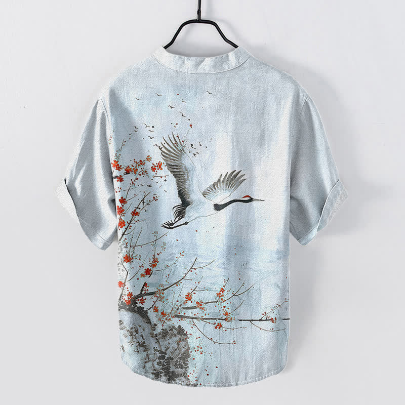 Buddha Stones Camicia da uomo a maniche corte con mezza abbottonatura, in cotone, con motivo a fiori di pruno e gru. - image 7