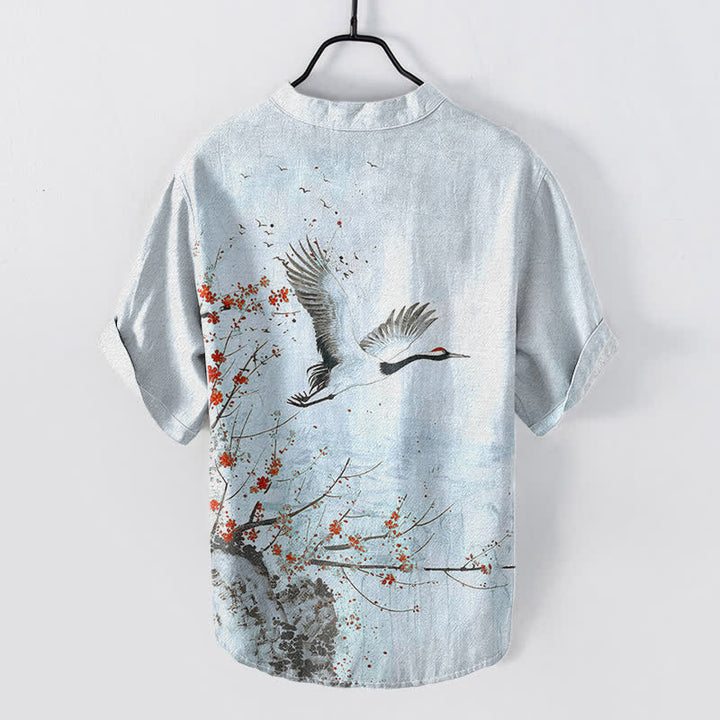 Buddha Stones Camicia da uomo a maniche corte con mezza abbottonatura, in cotone, con motivo a fiori di pruno e gru. - image 7