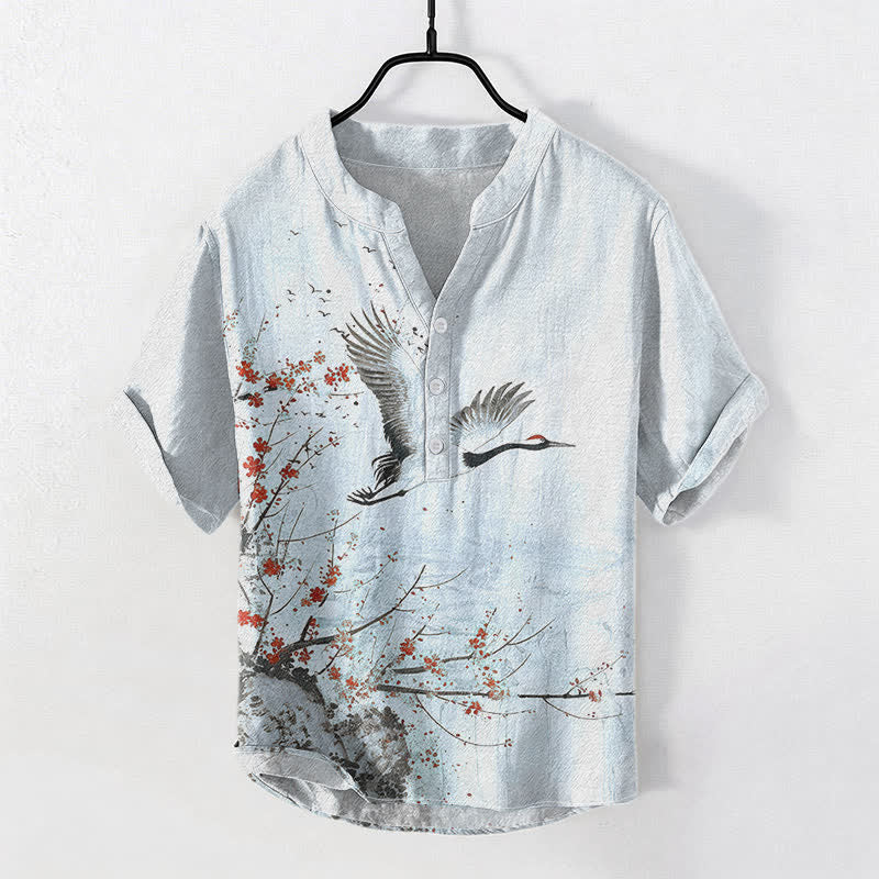Buddha Stones Camicia da uomo a maniche corte con mezza abbottonatura, in cotone, con motivo a fiori di pruno e gru. - Azzurro chiaro - US/UK/AU50, EU60 (5XL) - image 6