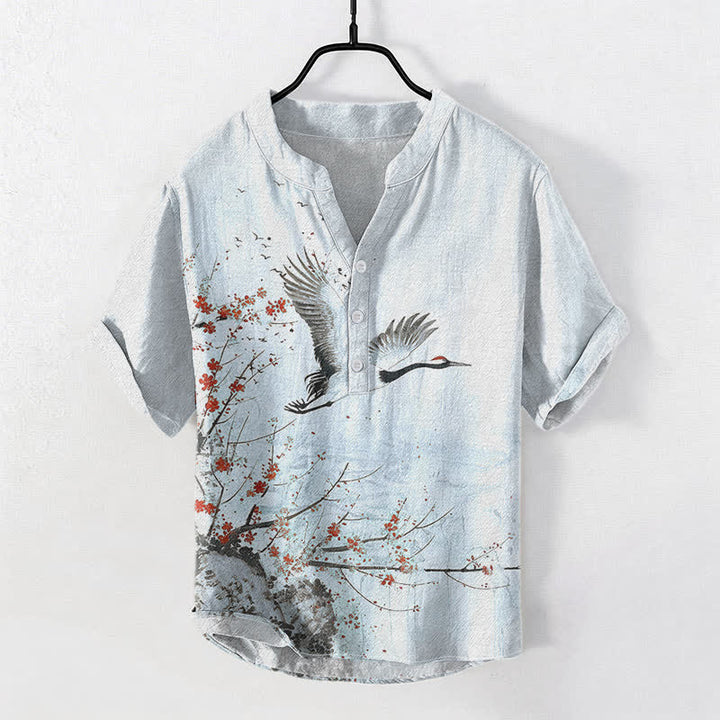 Buddha Stones Camicia da uomo a maniche corte con mezza abbottonatura, in cotone, con motivo a fiori di pruno e gru. - Azzurro chiaro - US/UK/AU50, EU60 (5XL) - image 6