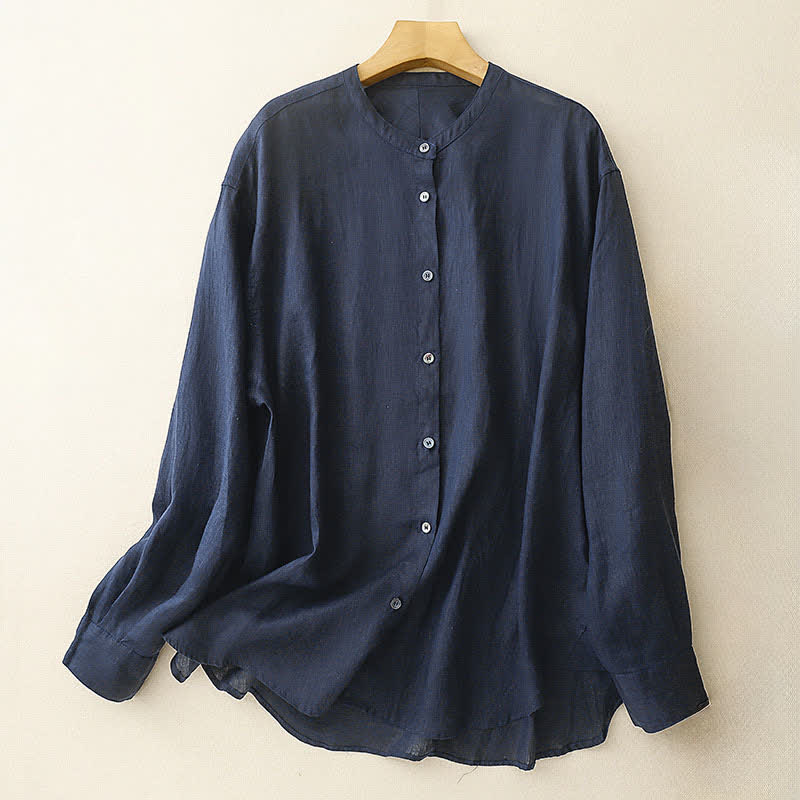 Buddha Stones Camicia da donna a maniche lunghe, stile estivo Tang, minimalista, con colletto alla coreana e tinta unita. - Blu notte - US8-10, UK/AU12-14, EU40-42 (2XL) - image 0