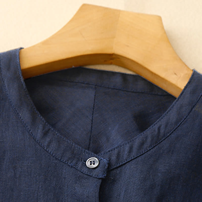 Buddha Stones Camicia da donna a maniche lunghe, stile estivo Tang, minimalista, con colletto alla coreana e tinta unita. - image 1