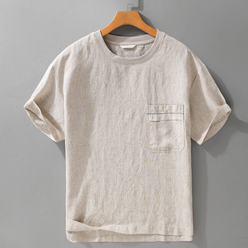 Buddha Stones T-shirt da uomo a maniche corte, tinta unita, casual, minimalista, estiva, con taschino applicato. - image 1