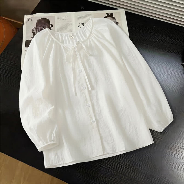 Buddha Stones Camicia da donna a maniche lunghe, girocollo, con coulisse e bottoni, stile boho, per primavera/estate, casual. - Bianco - US8-10, UK/AU12-14, EU40-42 (2XL) - image 3