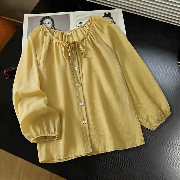 Buddha Stones Camicia da donna a maniche lunghe, girocollo, con coulisse e bottoni, stile boho, per primavera/estate, casual. - Cachi scuro - US8-10, UK/AU12-14, EU40-42 (2XL) - image 0