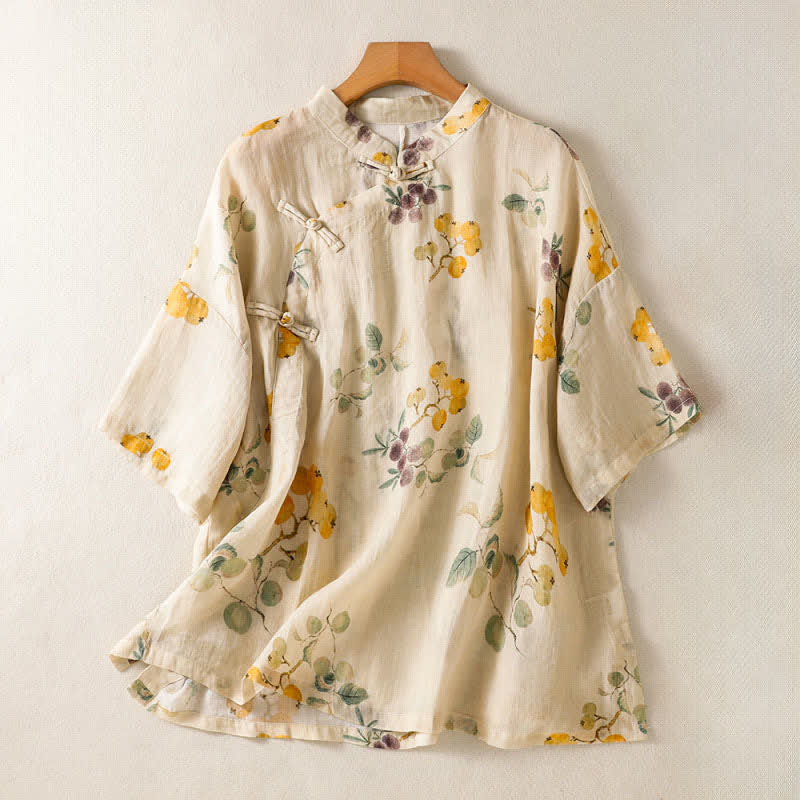 Buddha Stones Camicia da donna a maniche corte in stile vintage Tang estivo con colletto alla coreana e motivo floreale di nespolo e mirto cinese. - Bianco antico - US8-10, UK/AU12-14, EU40-42 (2XL) - image 0