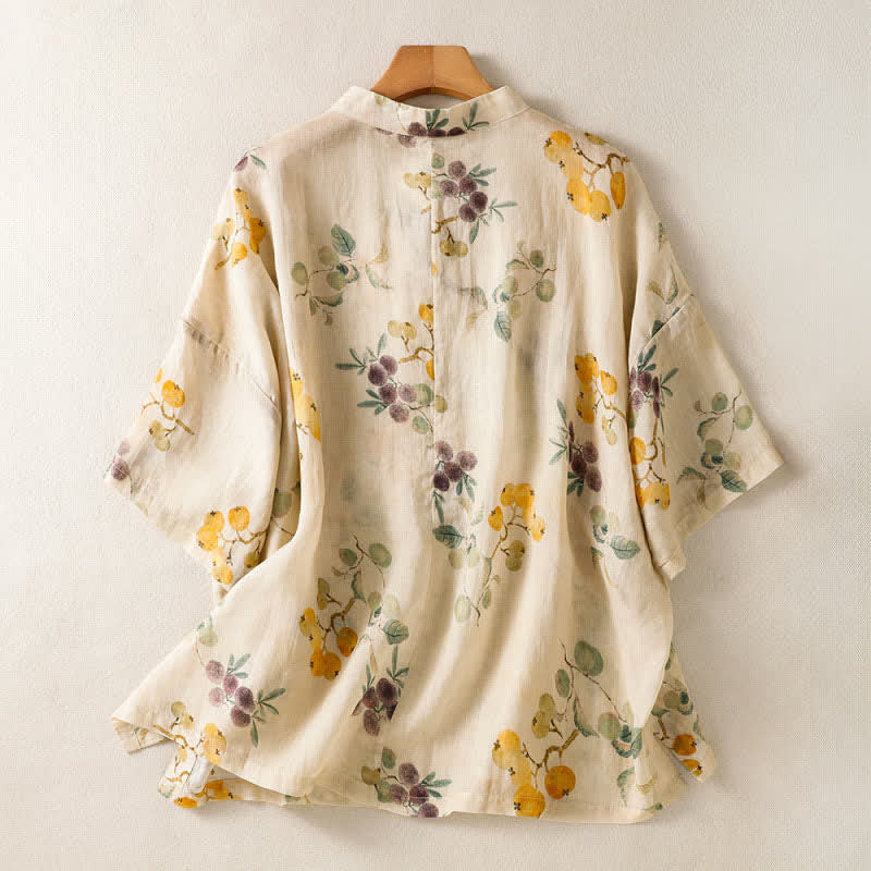 Buddha Stones Camicia da donna a maniche corte in stile vintage Tang estivo con colletto alla coreana e motivo floreale di nespolo e mirto cinese. - image 1
