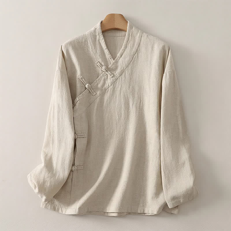 Buddha Stones Camicia da donna a maniche lunghe, stile Tang, minimalista, con scollo a V e bottoni a rana, tinta unita, per primavera/estate. - Beige - US12, UK/AU16, EU44 (3XL) - image 0