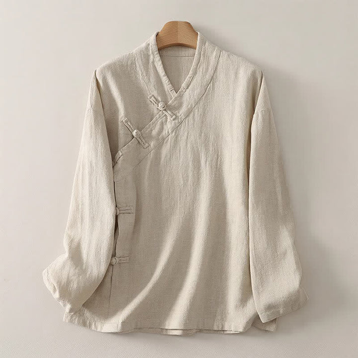 Buddha Stones Camicia da donna a maniche lunghe, stile Tang, minimalista, con scollo a V e bottoni a rana, tinta unita, per primavera/estate. - Beige - US12, UK/AU16, EU44 (3XL) - image 0