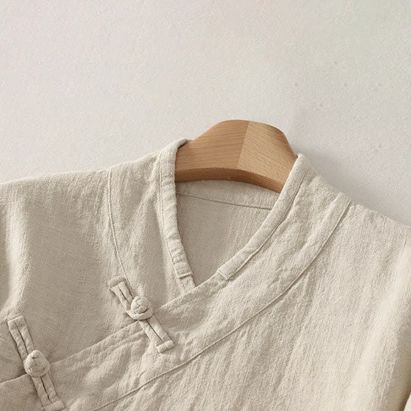 Buddha Stones Camicia da donna a maniche lunghe, stile Tang, minimalista, con scollo a V e bottoni a rana, tinta unita, per primavera/estate. - image 1