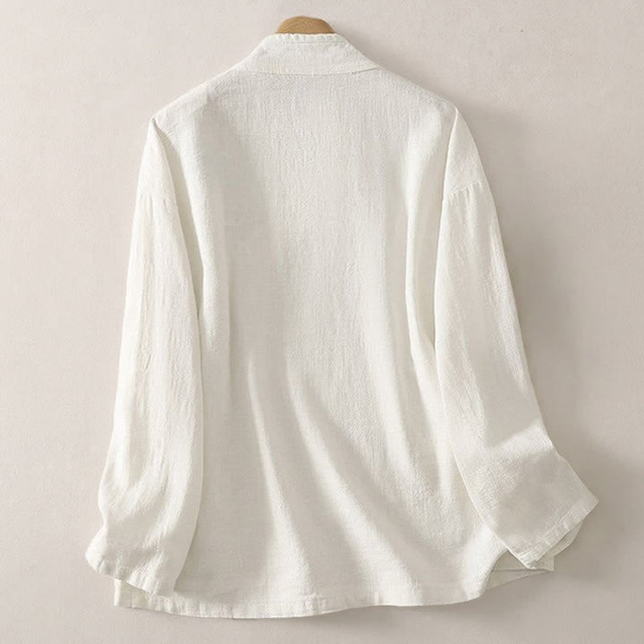 Buddha Stones Camicia da donna a maniche lunghe, stile Tang, minimalista, con scollo a V e bottoni a rana, tinta unita, per primavera/estate. - image 10