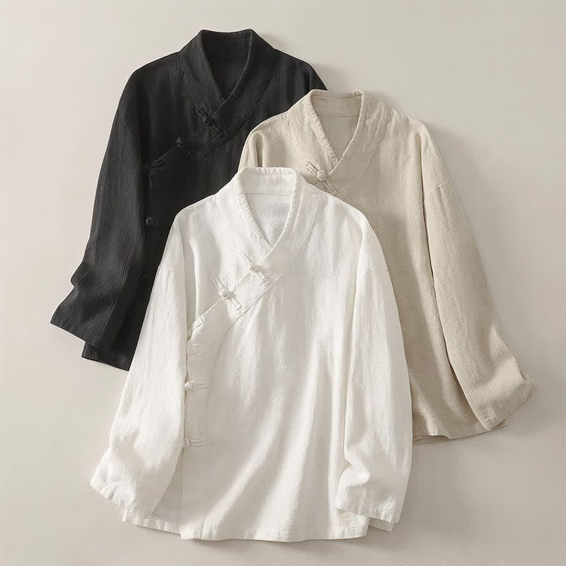 Buddha Stones Camicia da donna a maniche lunghe, stile Tang, minimalista, con scollo a V e bottoni a rana, tinta unita, per primavera/estate. - image 18
