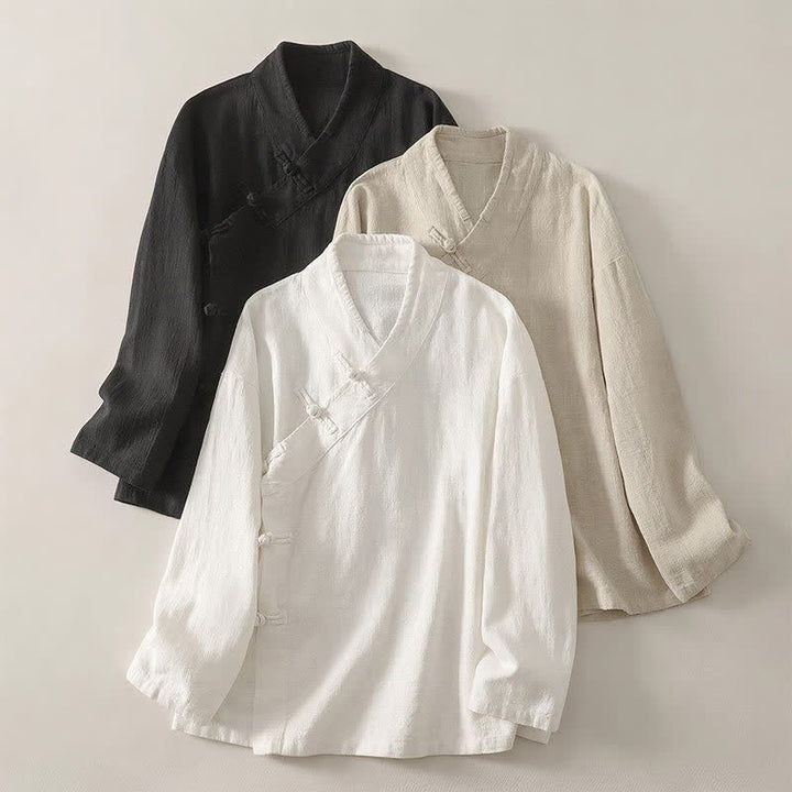 Buddha Stones Camicia da donna a maniche lunghe, stile Tang, minimalista, con scollo a V e bottoni a rana, tinta unita, per primavera/estate. - image 18