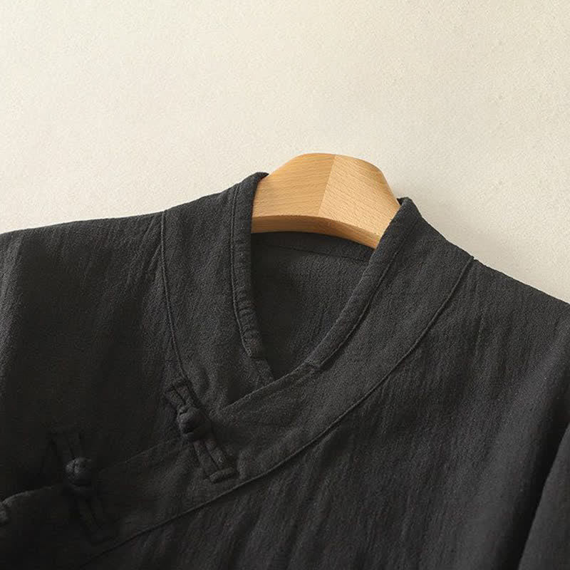 Buddha Stones Camicia da donna a maniche lunghe, stile Tang, minimalista, con scollo a V e bottoni a rana, tinta unita, per primavera/estate. - image 6