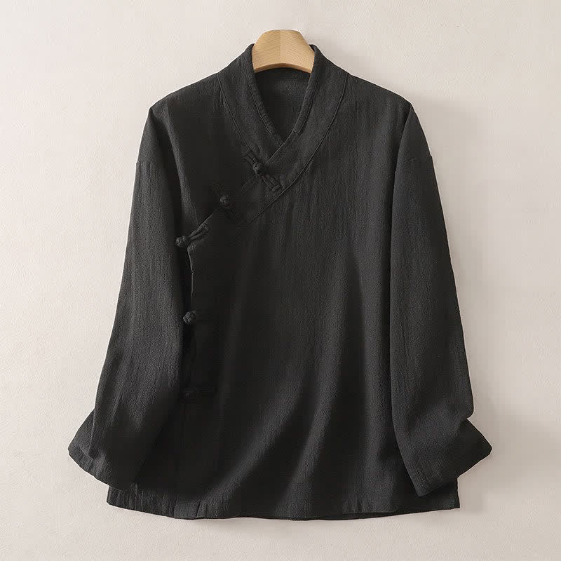 Buddha Stones Camicia da donna a maniche lunghe, stile Tang, minimalista, con scollo a V e bottoni a rana, tinta unita, per primavera/estate. - Nero - US12, UK/AU16, EU44 (3XL) - image 5