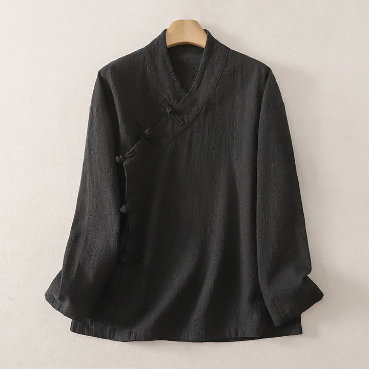 Buddha Stones Camicia da donna a maniche lunghe, stile Tang, minimalista, con scollo a V e bottoni a rana, tinta unita, per primavera/estate. - Nero - US12, UK/AU16, EU44 (3XL) - image 5