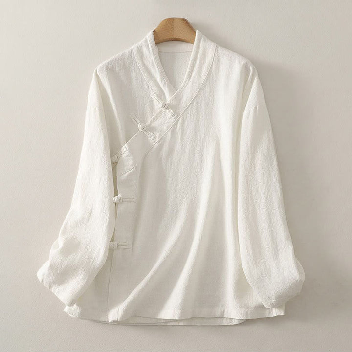 Buddha Stones Camicia da donna a maniche lunghe, stile Tang, minimalista, con scollo a V e bottoni a rana, tinta unita, per primavera/estate. - Avorio - US12, UK/AU16, EU44 (3XL) - image 9