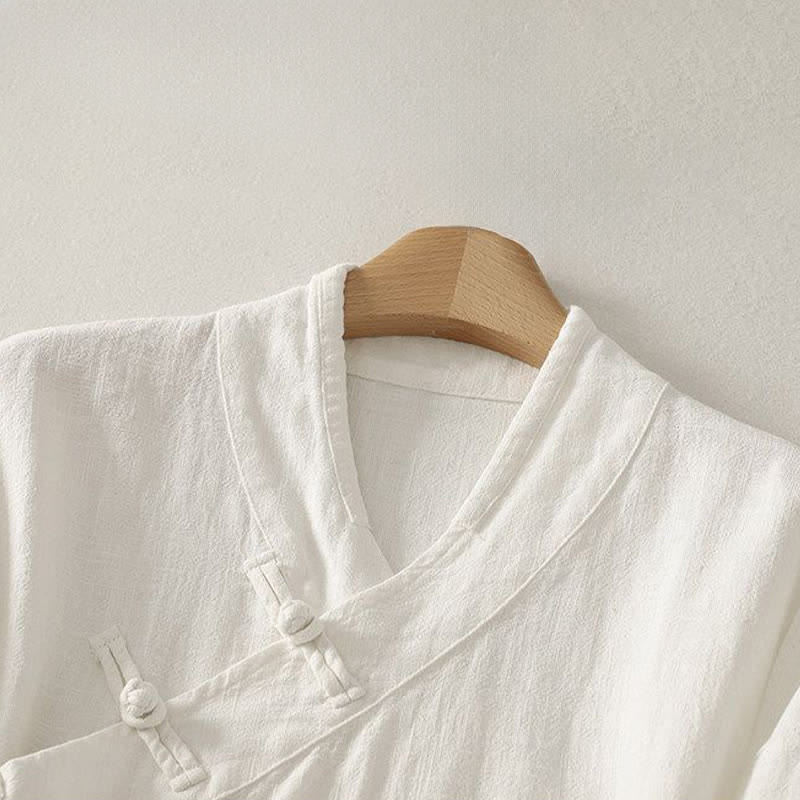 Buddha Stones Camicia da donna a maniche lunghe, stile Tang, minimalista, con scollo a V e bottoni a rana, tinta unita, per primavera/estate. - image 11