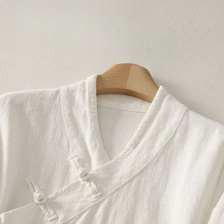 Buddha Stones Camicia da donna a maniche lunghe, stile Tang, minimalista, con scollo a V e bottoni a rana, tinta unita, per primavera/estate. - image 11