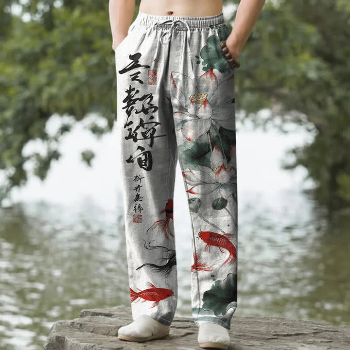 Buddha Stones Pantaloni da uomo affusolati con tasche, in cotone, con stampa a inchiostro di loto e carpe koi. - Beige - US/UK/AU50, EU60 (5XL) - image 0