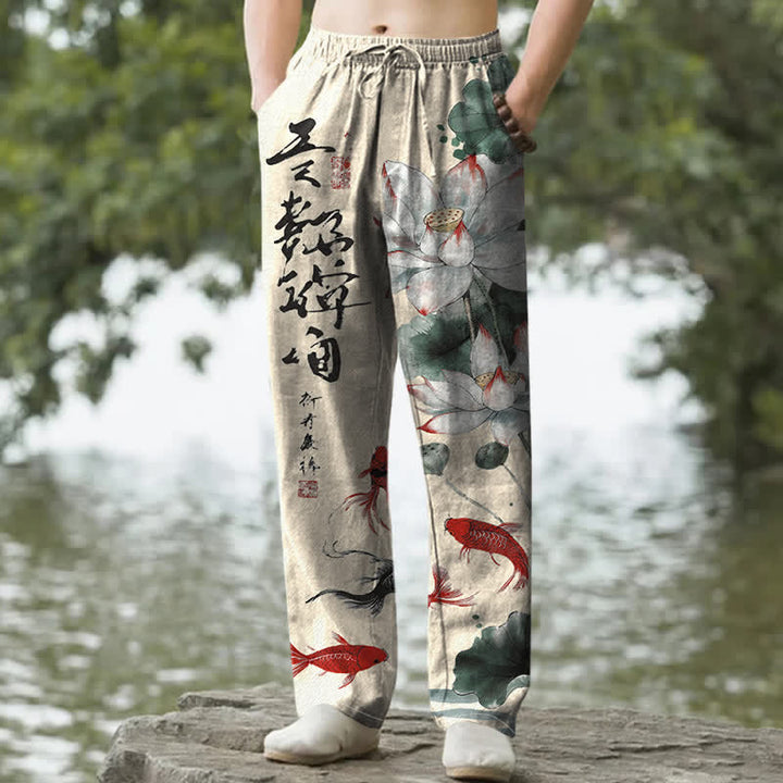 Buddha Stones Pantaloni da uomo affusolati con tasche, in cotone, con stampa a inchiostro di loto e carpe koi. - Grano - US/UK/AU50, EU60 (5XL) - image 4
