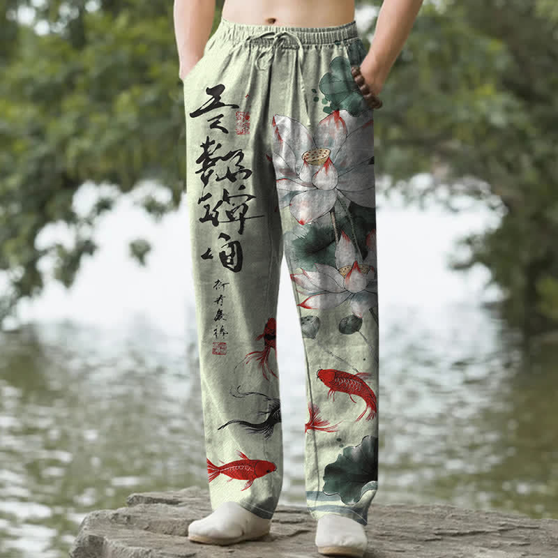 Buddha Stones Pantaloni da uomo affusolati con tasche, in cotone, con stampa a inchiostro di loto e carpe koi. - Verde chiaro - US/UK/AU50, EU60 (5XL) - image 6