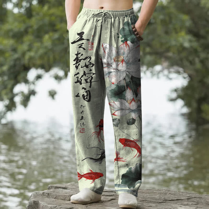 Buddha Stones Pantaloni da uomo affusolati con tasche, in cotone, con stampa a inchiostro di loto e carpe koi. - Verde chiaro - US/UK/AU50, EU60 (5XL) - image 6