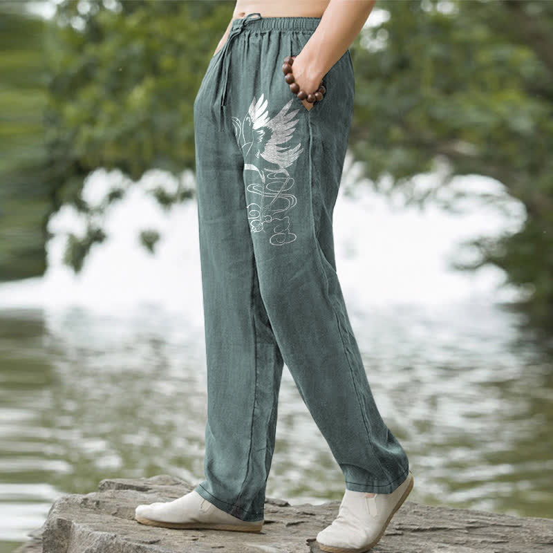 Buddha Stones Pantaloni da uomo affusolati in cotone bianco con motivo a onde e stampa gru, con tasche. - image 1