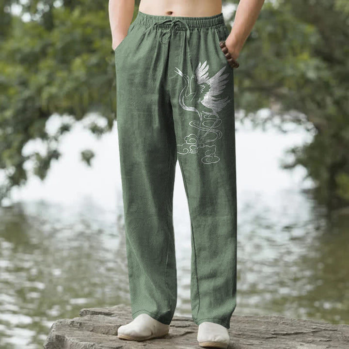 Buddha Stones Pantaloni da uomo affusolati in cotone bianco con motivo a onde e stampa gru, con tasche. - Verde studentesco - US/UK/AU50, EU60 (5XL) - image 4