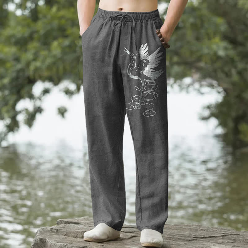 Buddha Stones Pantaloni da uomo affusolati in cotone bianco con motivo a onde e stampa gru, con tasche. - Grigio tenue - US/UK/AU50, EU60 (5XL) - image 6