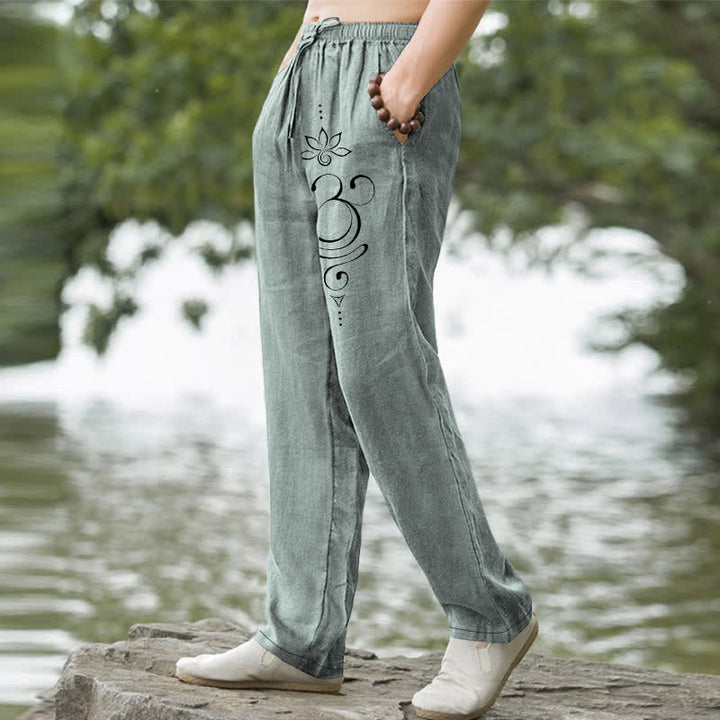 Buddha Stones Pantaloni da uomo affusolati in cotone con motivo Zen Loto Om e tasche. - image 1