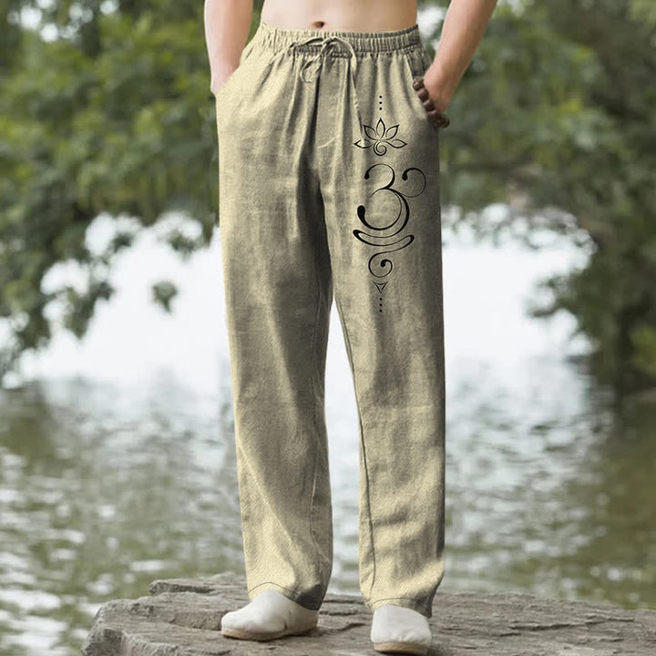 Buddha Stones Pantaloni da uomo affusolati in cotone con motivo Zen Loto Om e tasche. - Cachi - US/UK/AU50, EU60 (5XL) - image 6