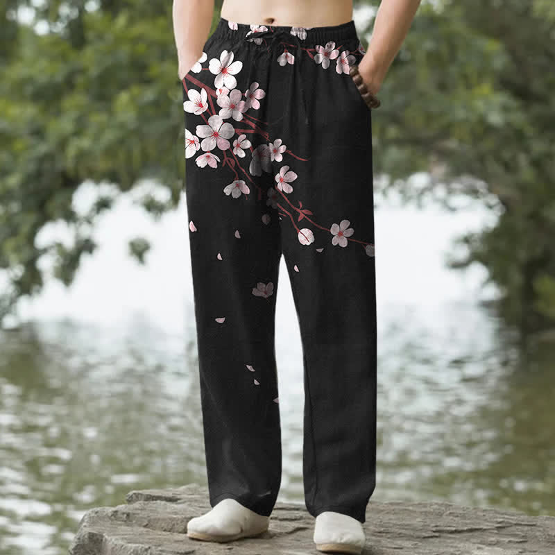 Buddha Stones Pantaloni da uomo affusolati in cotone rosa con motivo a fiori di ciliegio (Sakura) e tasche. - Nero - US/UK/AU50, EU60 (5XL) - image 0