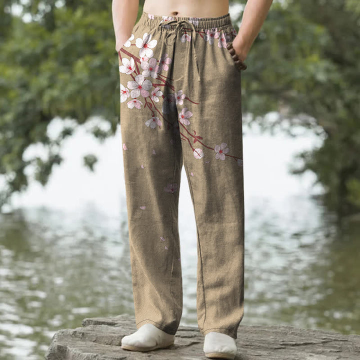 Buddha Stones Pantaloni da uomo affusolati in cotone rosa con motivo a fiori di ciliegio (Sakura) e tasche. - Cachi scuro - US/UK/AU50, EU60 (5XL) - image 4