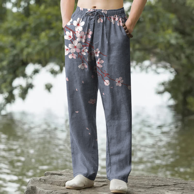 Buddha Stones Pantaloni da uomo affusolati in cotone rosa con motivo a fiori di ciliegio (Sakura) e tasche. - Grigio ardesia - US/UK/AU50, EU60 (5XL) - image 6