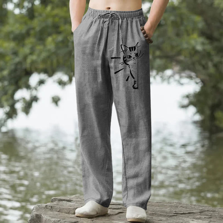 Buddha Stones Pantaloni da uomo affusolati in cotone con stampa di un gatto nero e tasche. - Grigio - US/UK/AU50, EU60 (5XL) - image 0