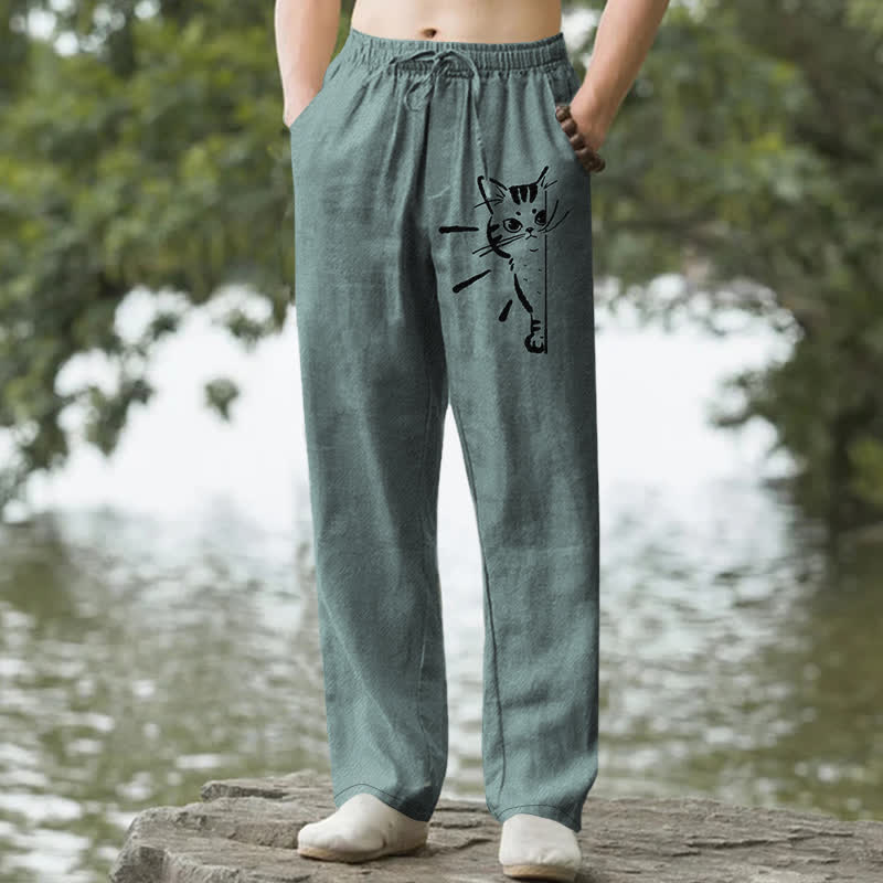 Buddha Stones Pantaloni da uomo affusolati in cotone con stampa di un gatto nero e tasche. - Cadetto Blu - US/UK/AU50, EU60 (5XL) - image 4