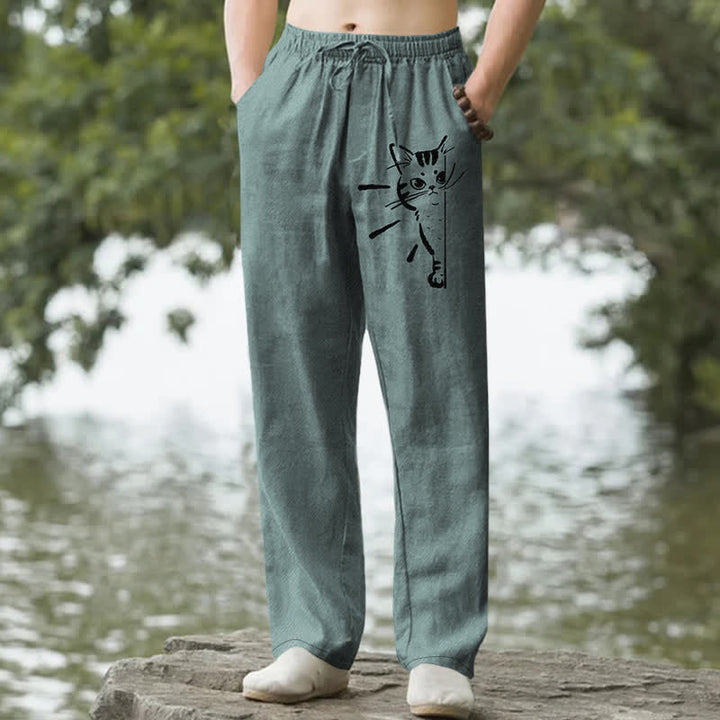 Buddha Stones Pantaloni da uomo affusolati in cotone con stampa di un gatto nero e tasche. - Cadetto Blu - US/UK/AU50, EU60 (5XL) - image 4