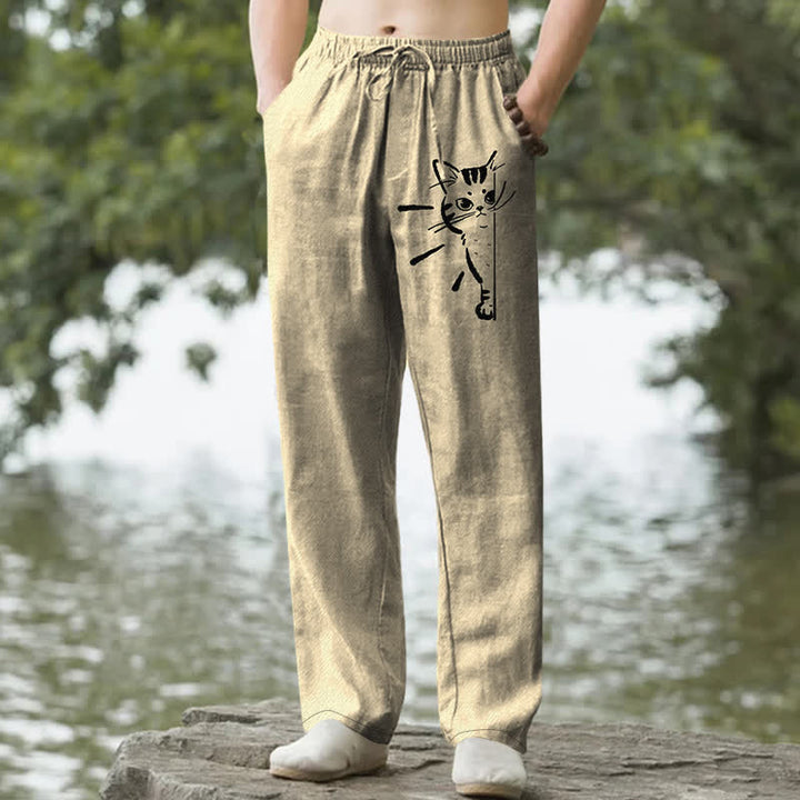 Buddha Stones Pantaloni da uomo affusolati in cotone con stampa di un gatto nero e tasche. - Cachi - US/UK/AU50, EU60 (5XL) - image 6