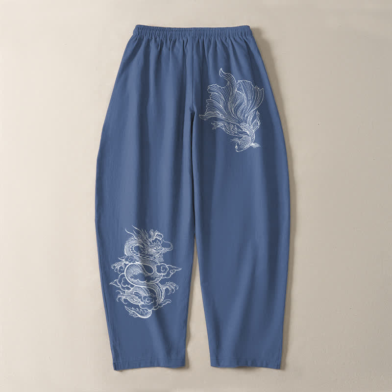 Buddha Stones Pantaloni da uomo affusolati in puro cotone con coulisse e tasche, con stampa di draghi koi. - image 3