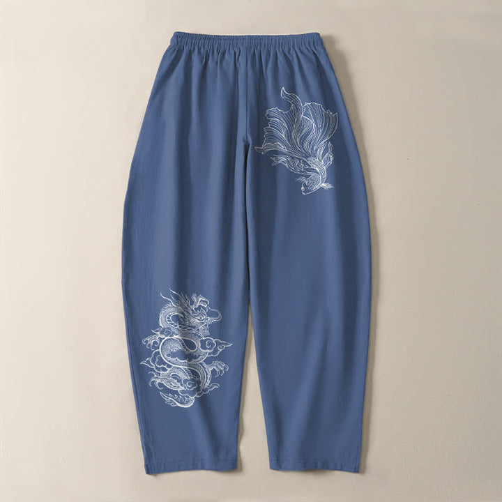 Buddha Stones Pantaloni da uomo affusolati in puro cotone con coulisse e tasche, con stampa di draghi koi. - image 3